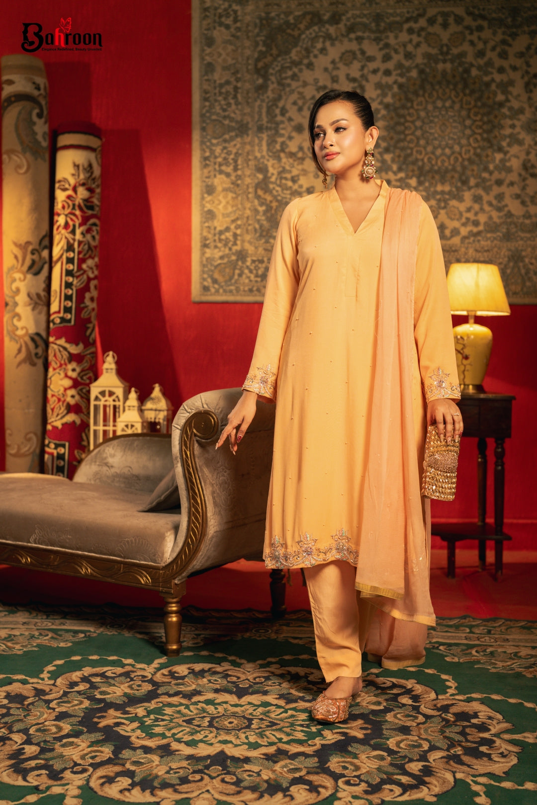 Gulzarah Peach Apricot Three Piece Ethnic Suit for Women S-XL