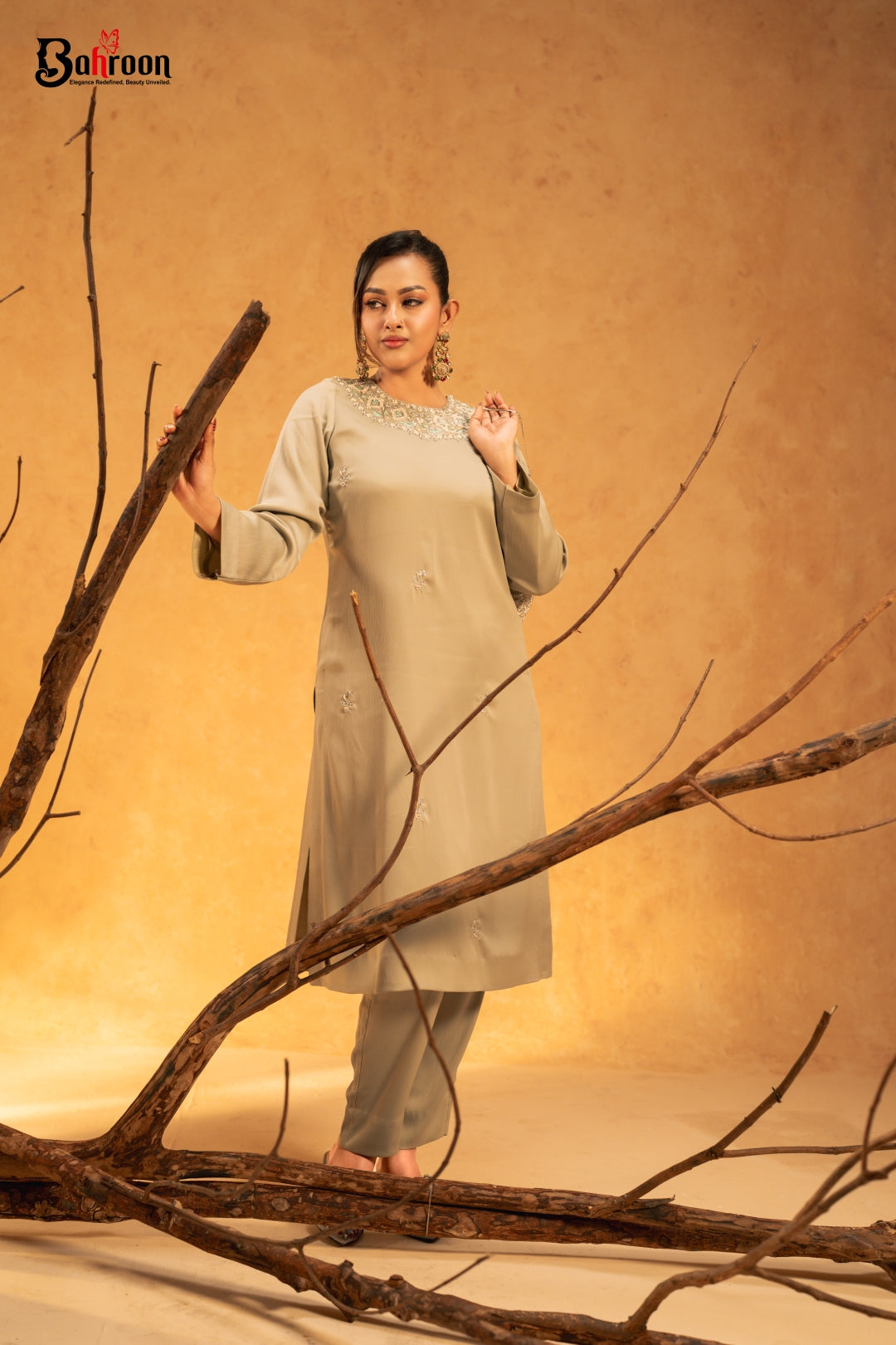 Zeenoor Hand Crafted Two Piece Ethnic Suit for Women Sage Green S-XL