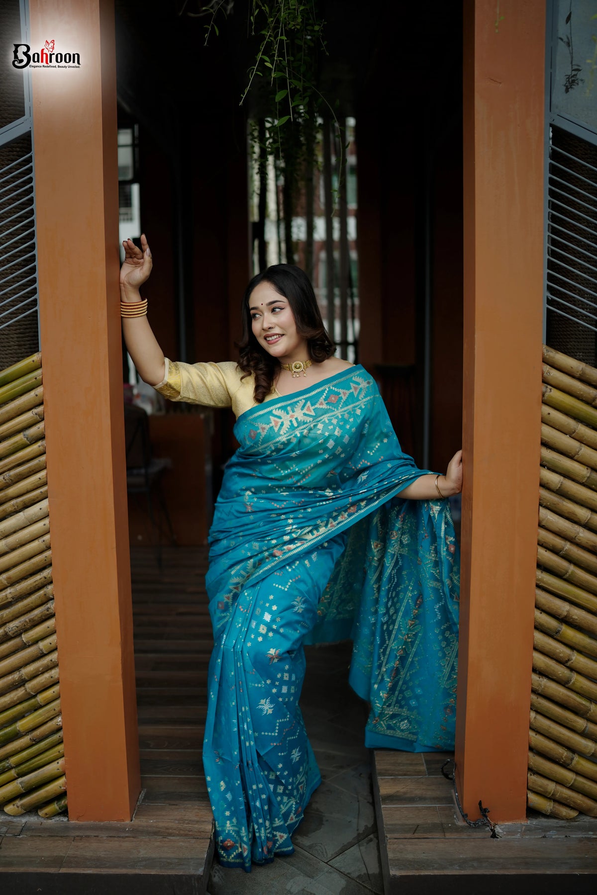 Aqua Blue Zari Buti Jamdani Saree