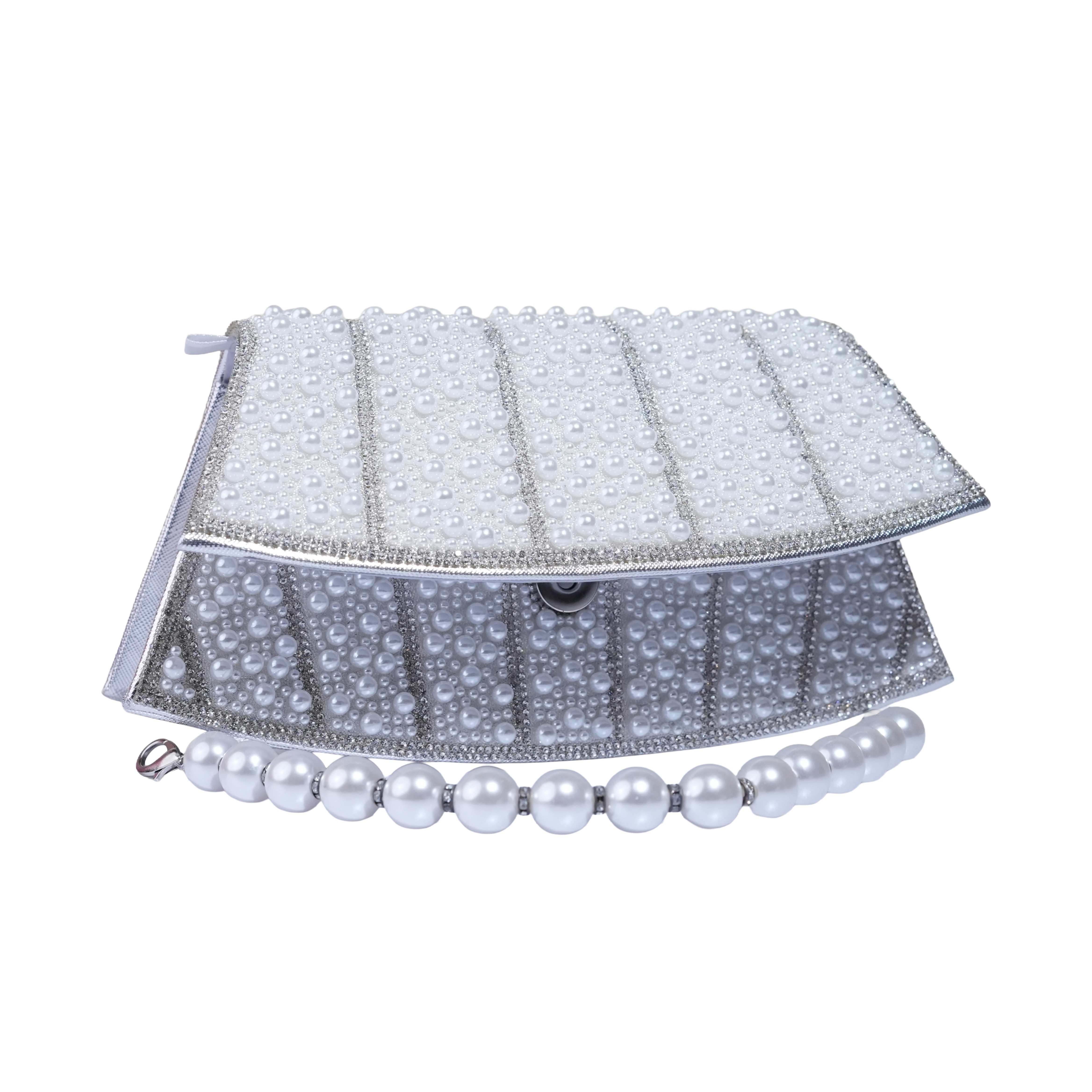 Elegant Pearl and Rhinestone Embellished Evening Clutch Bag