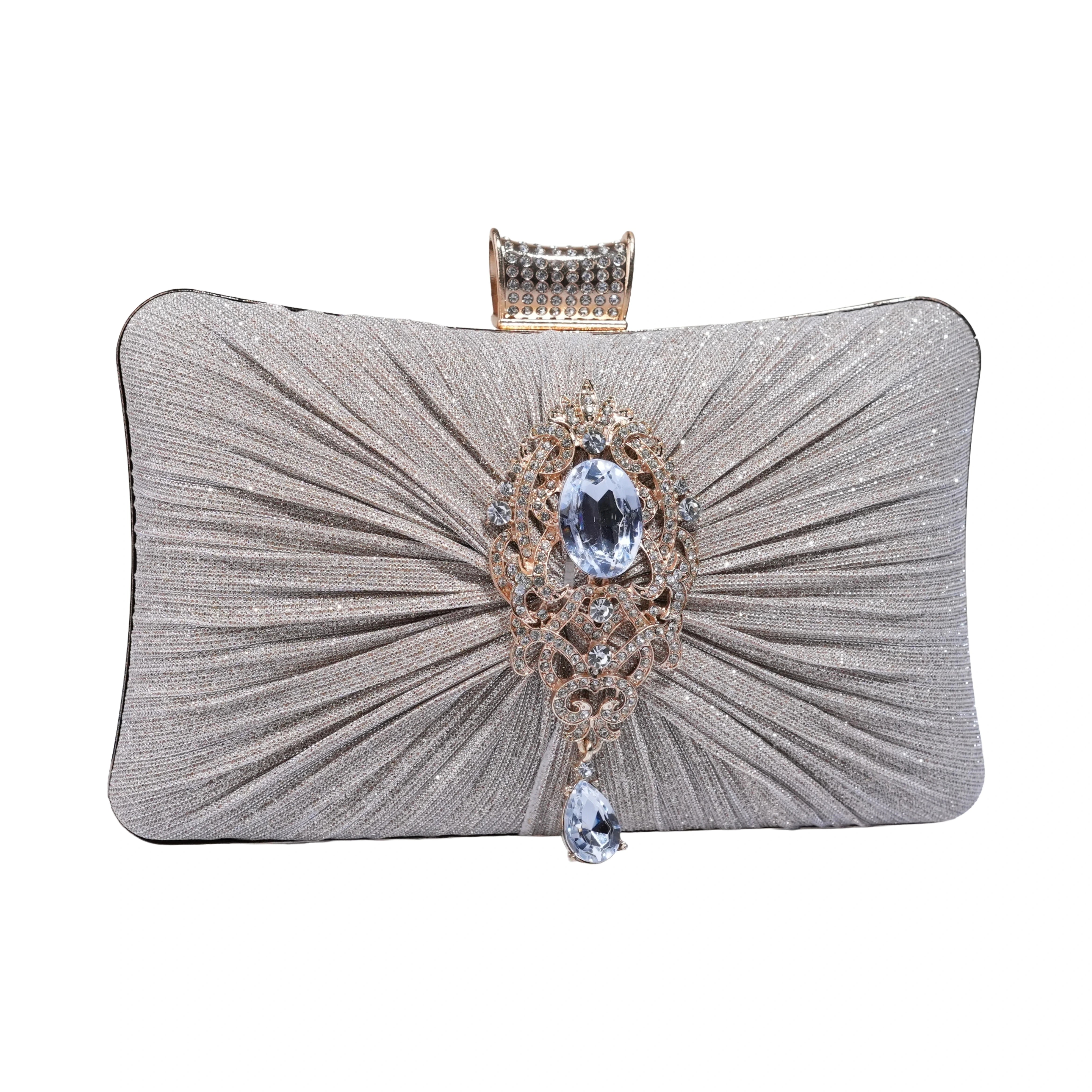 Luxury Glitter Evening Clutch Bag with Rhinestone Brooch