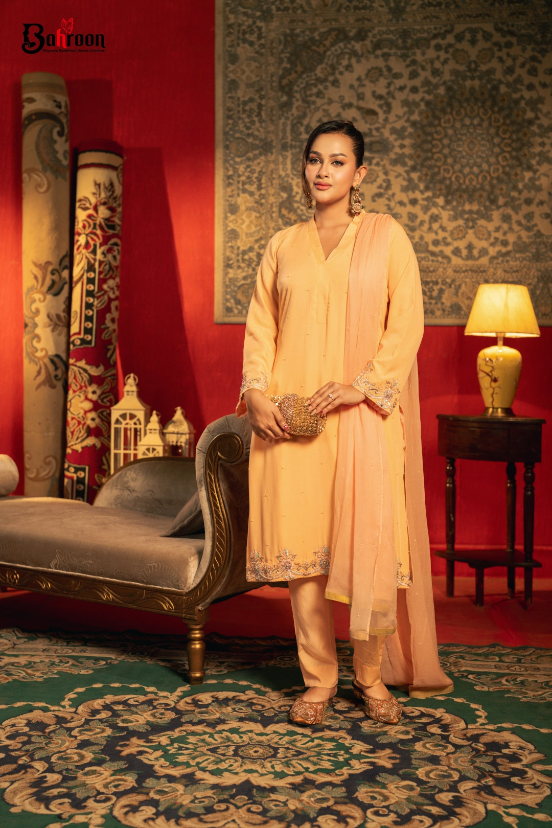 Gulzarah Peach Apricot Three Piece Ethnic Suit for Women S-XL