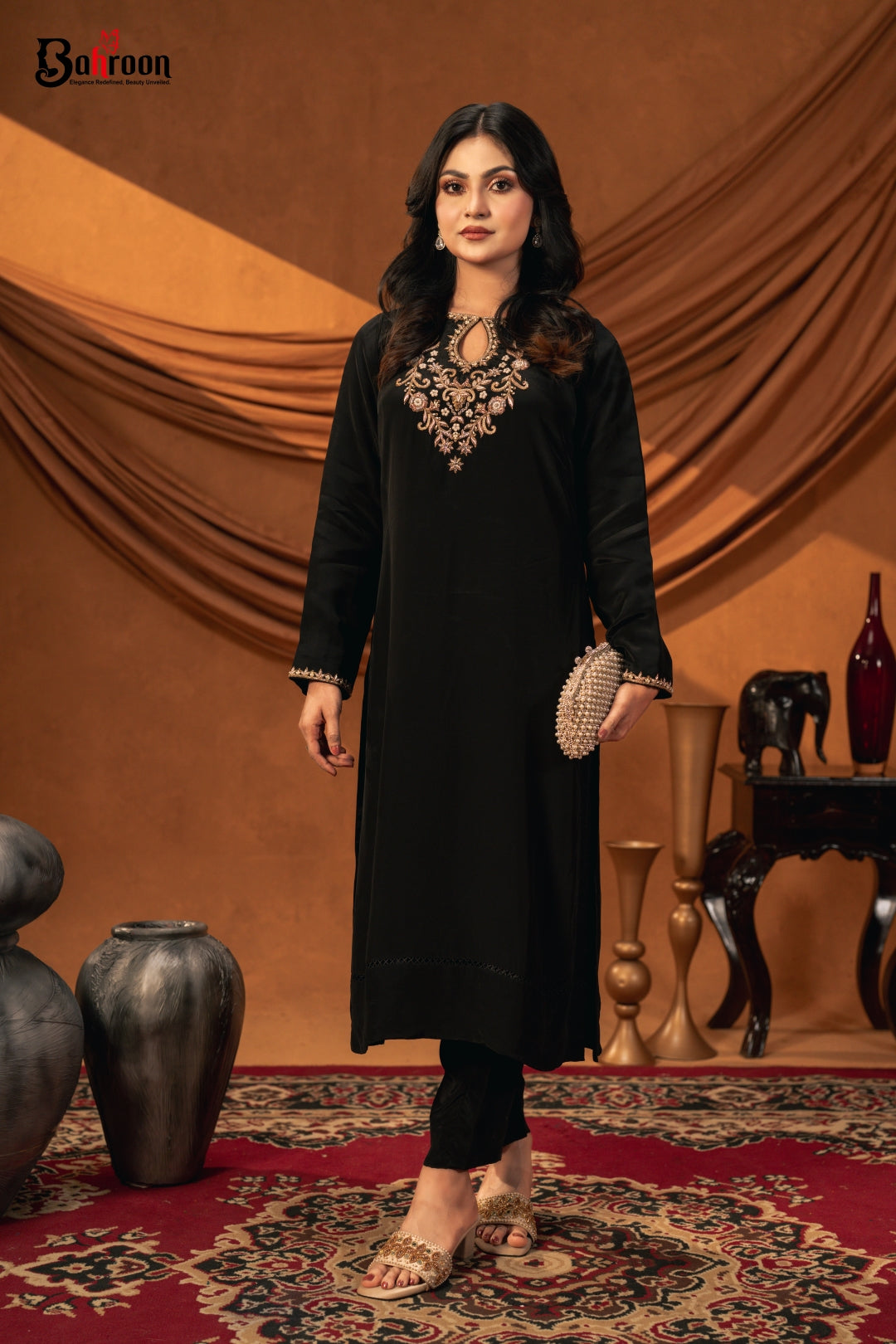 Tasneem Hand Crafted Two Piece Ethnic Suit for Women Black S-XL
