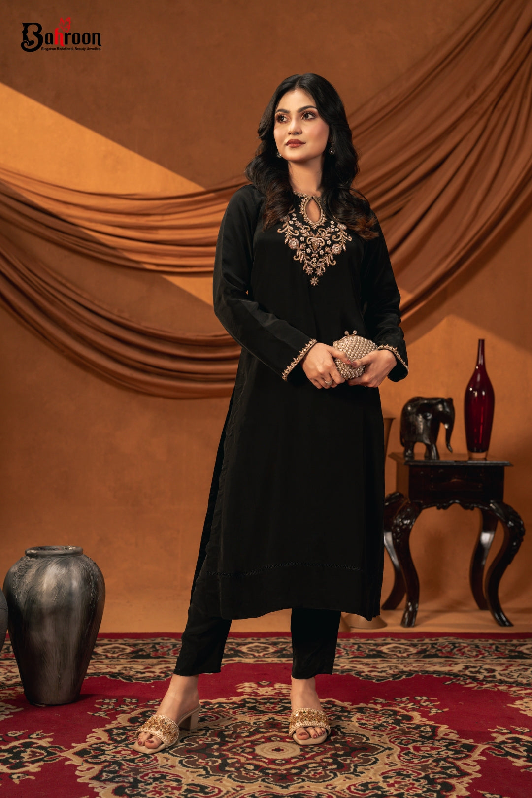 Tasneem Hand Crafted Two Piece Ethnic Suit for Women Black S-XL