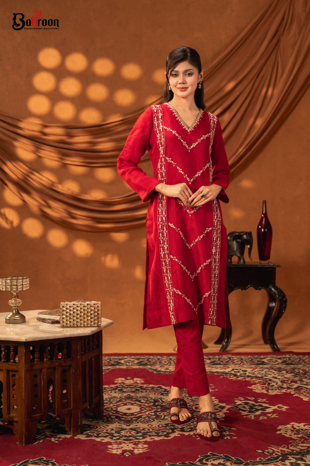Maheera Hand Crafted Three Piece Ethnic Suit for Women Ruby Red S-XL
