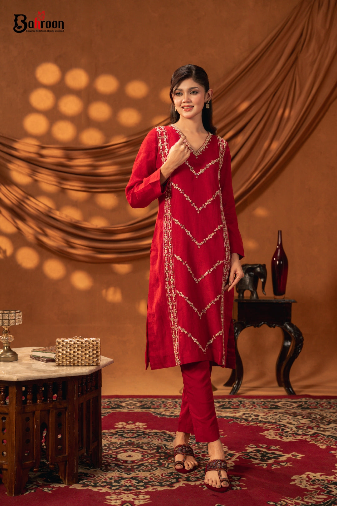 Maheera Hand Crafted Three Piece Ethnic Suit for Women Ruby Red S-XL