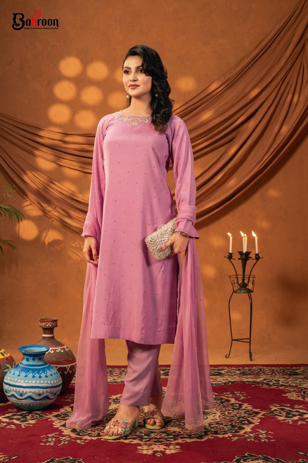 Ruponti Orchid Pink Three Piece Ethnic Suit for Women S-XL