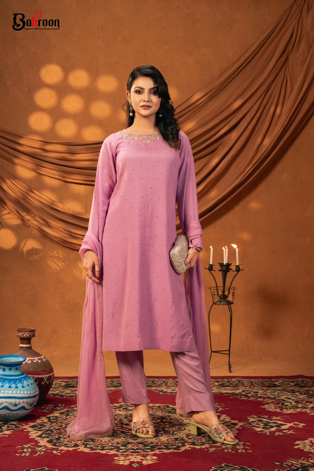 Ruponti Orchid Pink Three Piece Ethnic Suit for Women S-XL