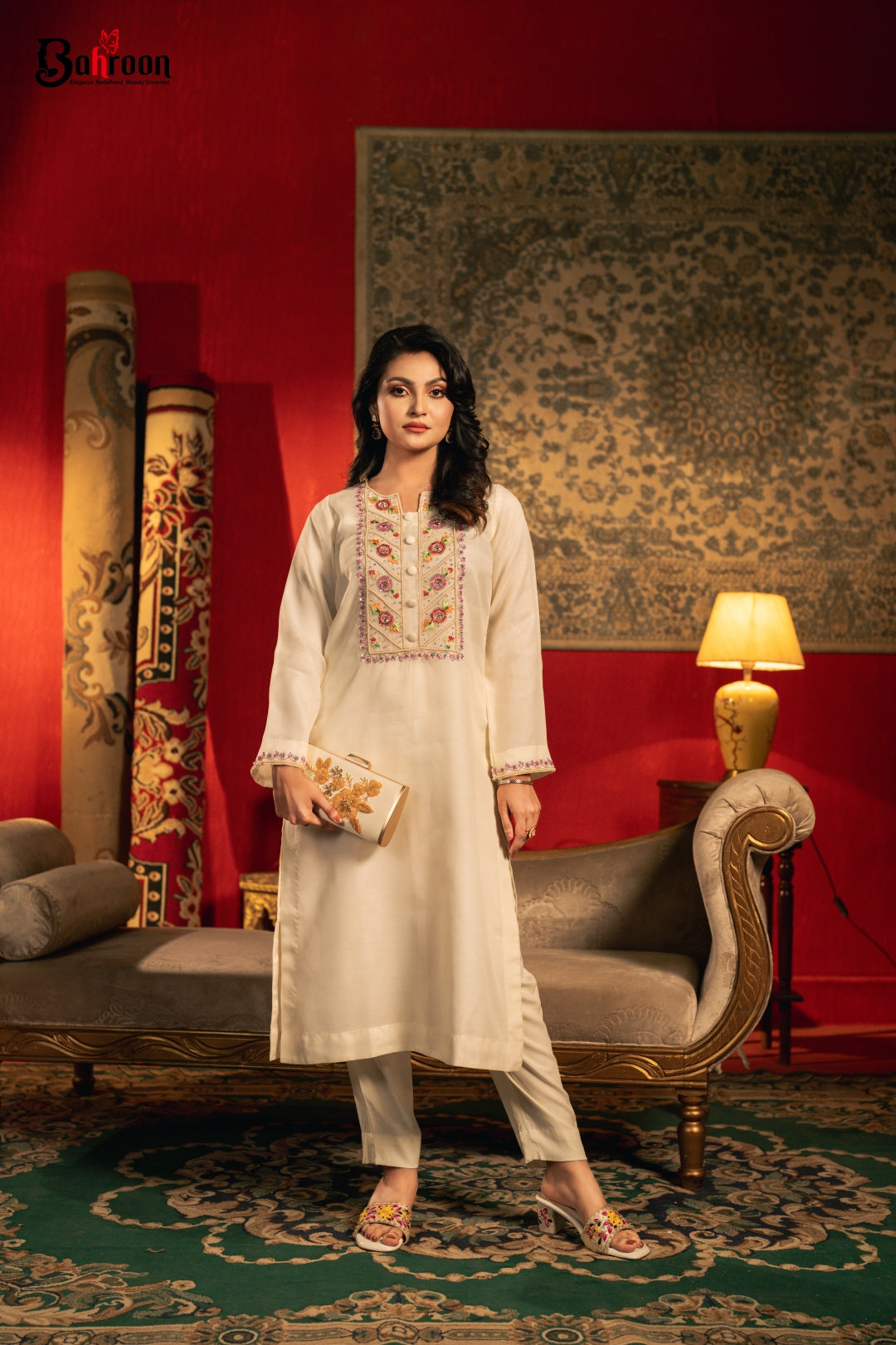 Gulbahar Hand Crafted Two Piece Ethnic Suit for Women Ivory white S-XL