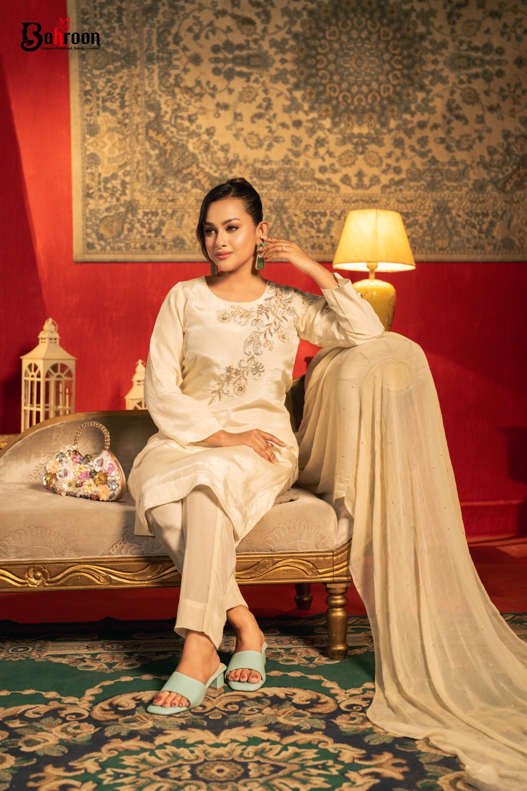 Mishaal Hand Crafted Three Piece Ethnic Suit for Women Ivory S-XL