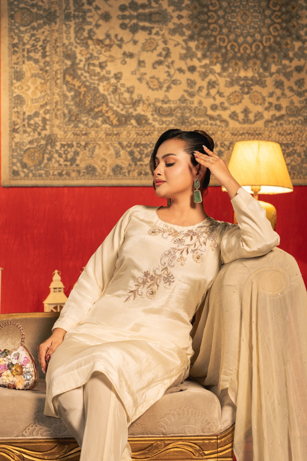 Mishaal Hand Crafted Three Piece Ethnic Suit for Women Ivory S-XL