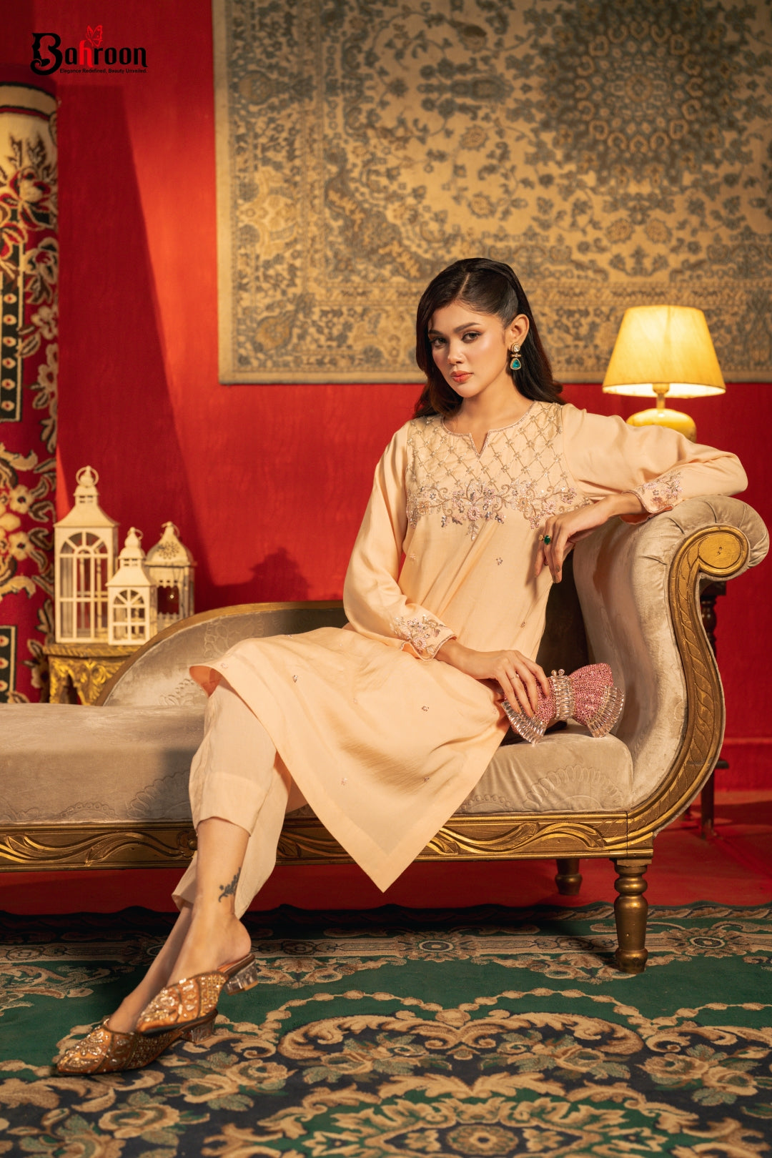 Chandni Hand Crafted Three Piece Ethnic Suit for Women Peach Blush S-XL