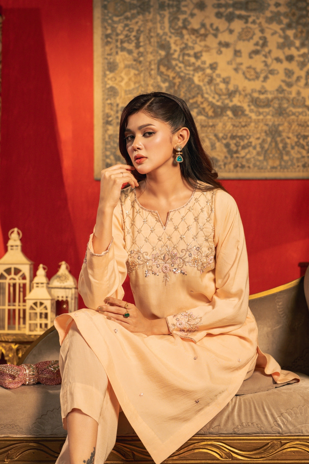 Chandni Hand Crafted Three Piece Ethnic Suit for Women Peach Blush S-XL
