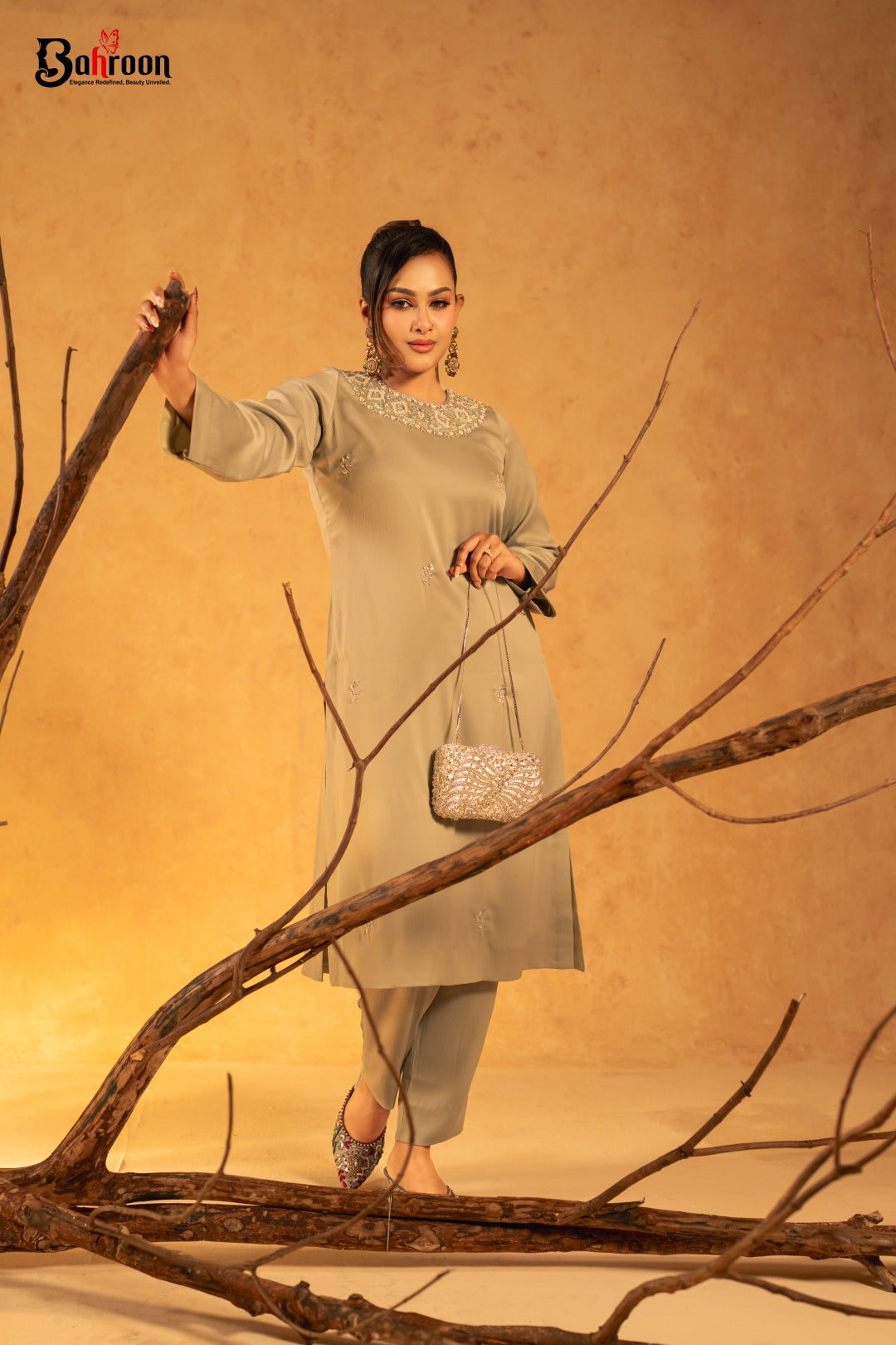 Zeenoor Hand Crafted Two Piece Ethnic Suit for Women Sage Green S-XL