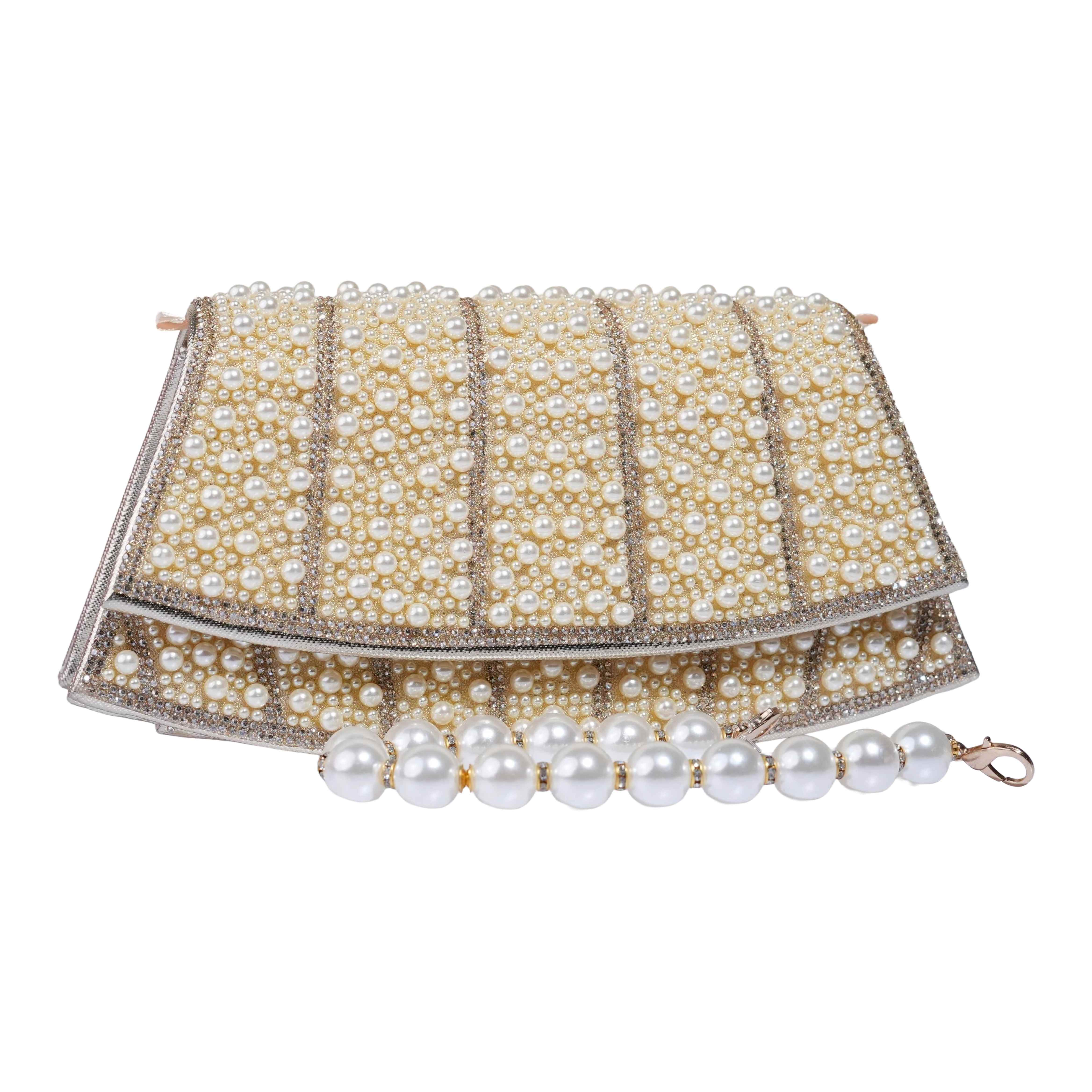 Elegant Pearl and Rhinestone Embellished Evening Clutch Bag